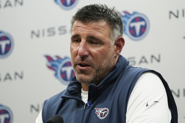 Tennessee Titans coach Mike Vrabel responds to questions from reporters after the team's NFL preseason football game against the New England Patriots, Friday, Aug. 25, 2023, in Nashville, Tenn. (AP Photo/George Walker IV)