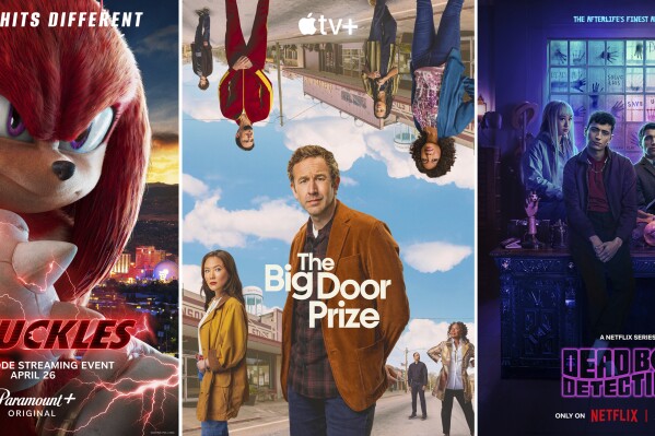 This combination of images shows promotional art for the Paramount+ series "Knuckles," the Apple TV+ series "The Big Door Prize," and the Netflix series "Dead Boy Detectives. (Paramount+/Apple TV+/Netflix via AP)