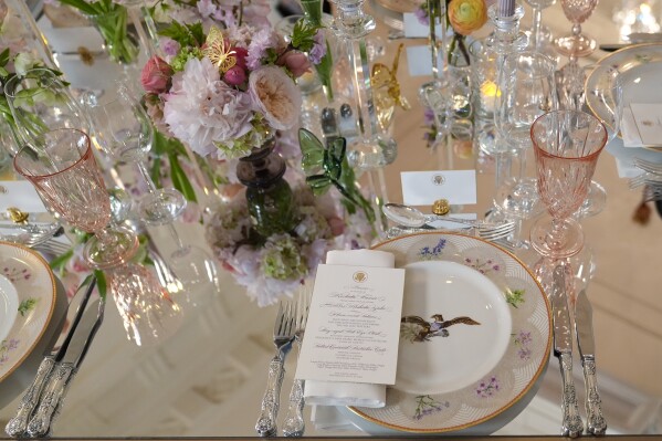 Tables are decorated during a press preview at the White House in Washington, Tuesday, April 9, 2024, for the State Dinner for Japan's Prime Minister Fumio Kishida on Wednesday. (AP Photo/Susan Walsh)