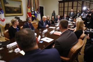 President Donald Trump speaks during a meeting on domestic and international human trafficking, Thursday, Feb. 23, 2017,in the Roosevelt Room of the White House in Washington. (AP Photo/Pablo Martinez Monsivais)