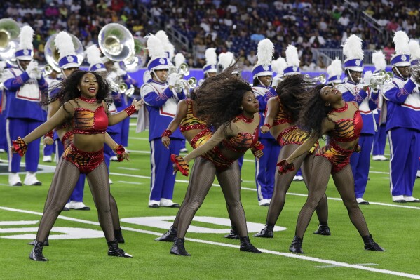 The Tennessee State University Aristocrat of Bands marching band performs during the 2023 National Battle of the Bands, a showcase for HBCU marching bands, held at NRG Stadium, Saturday, Aug. 26, 2023, in Houston. (AP Photo/Michael Wyke)
