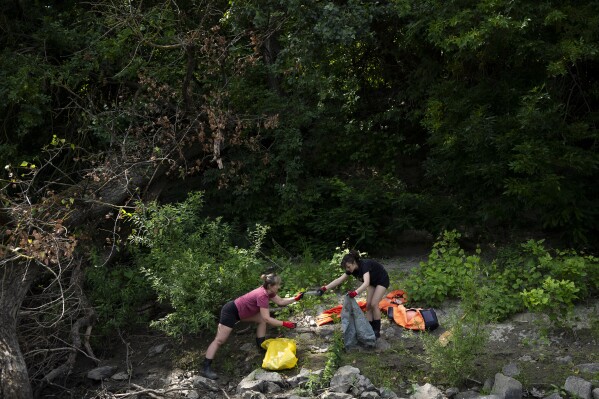 Volunteers collect rubbish from the banks of Tisza River near Tiszaroff, Hungary, Wednesday, Aug. 2, 2023. (AP Photo/Denes Erdos)