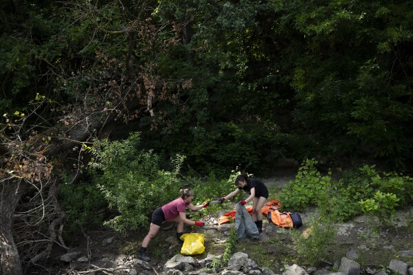 Volunteers collect rubbish from the banks of Tisza River near Tiszaroff, Hungary, Wednesday, Aug. 2, 2023. (AP Photo/Denes Erdos)