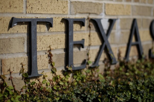 FILE - Ivy grows near the lettering of the an entrance to the University of Texas, Nov. 29, 2012, in Austin, Texas. Texas universities eliminated or changed hundreds of jobs in recent months in response to one of the nation's most sweeping bans on diversity programs on college campuses, school officials told lawmakers Tuesday, May 14, 2024. (AP Photo/Eric Gay, File)