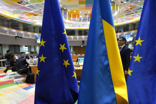 A general view of a roundtable meeting of the EU-Ukraine Association Council at the European Council building in Brussels, Wednesday, March 20, 2024. (AP Photo/Virginia Mayo)