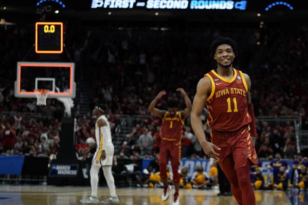 Iowa State's Tyrese Hunter celebrates after a first round NCAA college basketball tournament game against LSU Friday, March 18, 2022, in Milwaukee. Iowa State won 59-54. (AP Photo/Morry Gash)