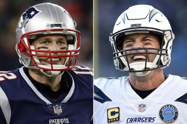 
              FILE - At left, in a Dec. 2, 2018, file photo, New England Patriots quarterback Tom Brady smiles after a touchdown during an NFL football game against the Minnesota Vikings, in Foxborough, Mass. At right, in a Jan. 6, 2019, file photo, Los Angeles Chargers quarterback Philip Rivers walks on the field in the second half of an NFL wild card playoff football game against the Baltimore Ravens, in Baltimore. The Chargers and Patriots meet in a divisional playoff game on Sunday, Jan. 13, 2019. (AP Photo/File)
            
