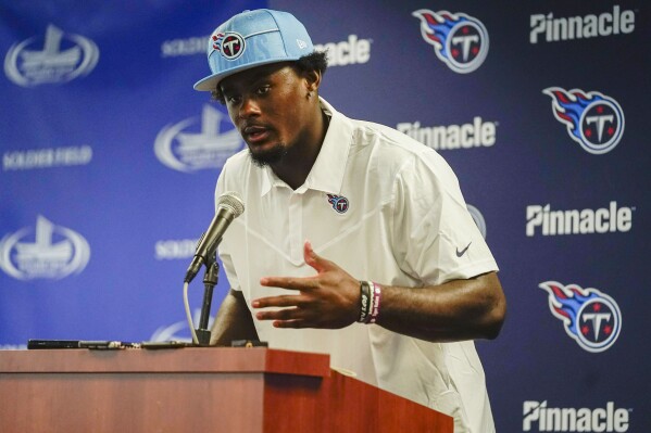 Tennessee Titans quarterback Malik Willis speaks during a press conference after after an NFL preseason game against the Chicago Bears Saturday, Aug. 12, 2023, in Chicago. The Bears won 23-17. (AP Photo Erin Hooley)