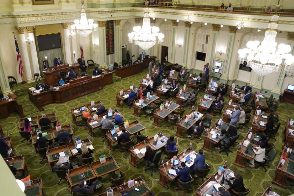 Members of the California state Assembly meet at the Capitol in Sacramento, Calif., Monday, June 20, 2022. California lawmakers will vote on a nearly $308 billion state budget, Wednesday, June 29.   (AP Photo/Rich Pedroncelli)