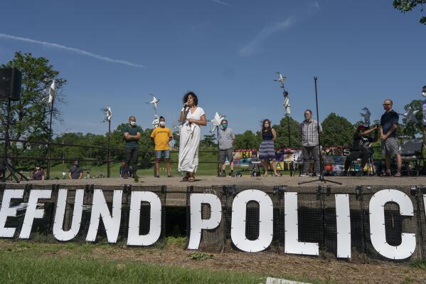 FILE - In this June 7, 2020, file photo, Alondra Cano, a city council member, speaks during "The Path Forward" meeting at Powderhorn Park in Minneapolis. The focus of the meeting was the defunding of the Minneapolis Police Department. (Jerry Holt/Star Tribune via AP, File)