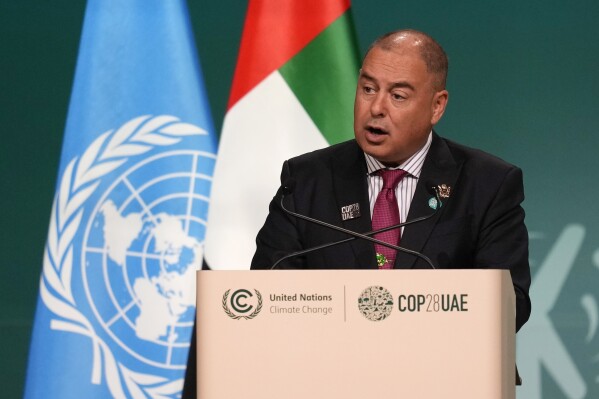 Cook Islands Prime Minister Mark Brown speaks during a plenary session at the COP28 U.N. Climate Summit, on Dec. 2, 2023, in Dubai, United Arab Emirates. (AP Photo/Rafiq Maqbool, File)