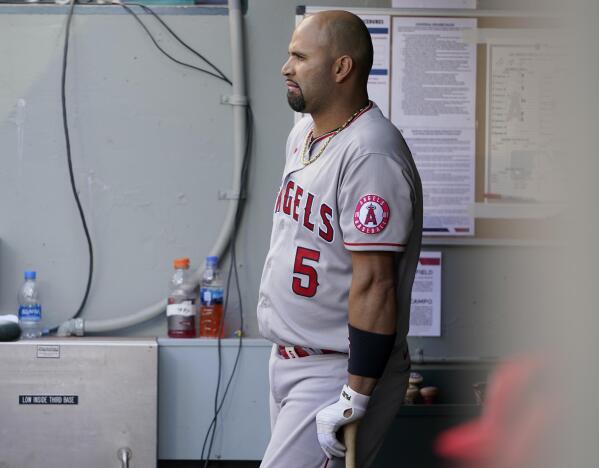 Albert Pujols of the Los Angeles Angels of Anaheim acknowledges a