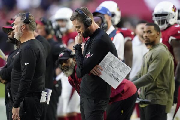 Arizona Cardinals head coach Kliff Kingsbury reacts from the sideline during the second half of his team's NFL football game against the Seattle Seahawks in Glendale, Ariz., Sunday, Nov. 6, 2022. (AP Photo/Ross D. Franklin)
