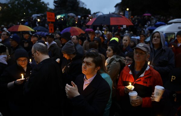 
              People hold candles as they gather for a vigil in the aftermath of a deadly shooting at the Tree of Life Synagogue, in the Squirrel Hill neighborhood of Pittsburgh, Saturday, Oct. 27, 2018. (AP Photo/Matt Rourke)
            