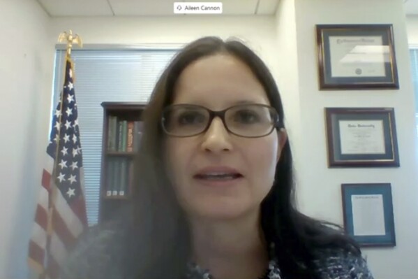 In this image from video provided by the U.S. Senate, Aileen M. Cannon speaks remotely during a Senate Judiciary Committee oversight nomination hearing to be U.S. District Court for the Southern District of Florida on July 29, 2020, in Washington. Cannon, the Florida judge who issued a court ruling last year that critics said was unduly favorable to Donald Trump is set to preside over the first pretrial conference in his landmark criminal case concerning the willful retention of classified documents. (U.S. Senate via AP)