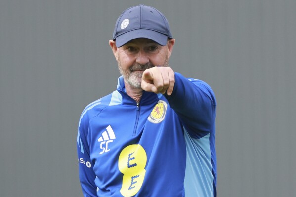 Scotland national team manager Steve Clarke during a training session at Lesser Hampden, Glasgow, Britain, Sunday June 2, 2024. (Steve Welsh/PA via AP)