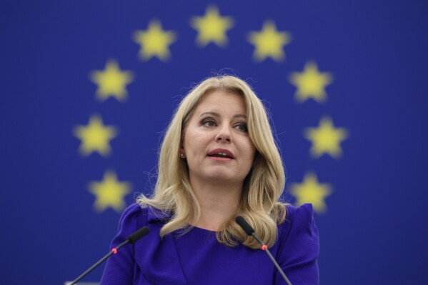 FILE - President of Slovakia Zuzana Caputova delivers her speech at the European Parliament, Wednesday, Oct. 19, 2022 in Strasbourg. Slovakia’s top police officer said on Thursday, Aug. 17, 2023 that the former and current heads of the country’s spy agency and five other police and intelligence officers have been accused of abuse of power and criminal conspiracy in a sensitive case ahead of the forthcoming snap election. (AP Photo, File)