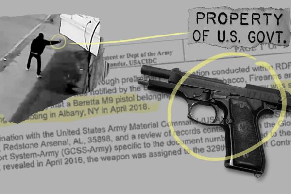 A photo illustration showing a gun tied to four shootings in Albany, New York, an investigative document and surveillance video of one shooting. (AP Illustration)