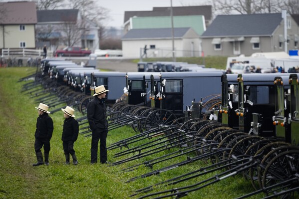 Young people look at buggies that will be auctioned off during the 56th annual mud sale to benefit the local fire department in Gordonville, Pa., Saturday, March 9, 2024. Mud sales are a relatively new tradition in the heart of Pennsylvania's Amish country, going back about 60 years and held in early spring as the ground begins to thaw but it's too early for much farm work. (AP Photo/Matt Rourke)