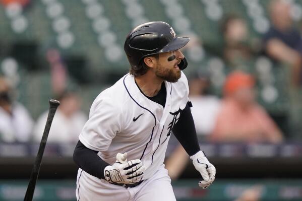 Detroit Tigers' Eric Haase watches his two-run home run during the first inning of a baseball game against the Seattle Mariners, Tuesday, June 8, 2021, in Detroit. (AP Photo/Carlos Osorio)