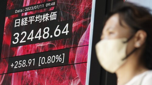 A person walks in front of an electronic stock board showing Japan's Nikkei index at a securities firm Tuesday, July 11, 2023, in Tokyo. Asian stock markets followed Wall Street higher Tuesday ahead of an update on U.S. consumer prices that traders hope will show inflation is easing, reducing the need for more interest rate hikes. (AP Photo/Eugene Hoshiko)