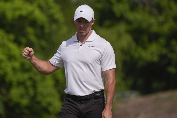 Rory McIlroy, of Northern Ireland, reacts after making birdie on the 16th hole during the final round of the PGA Zurich Classic golf tournament at TPC Louisiana in Avondale, La., Sunday, April 28, 2024. (AP Photo/Gerald Herbert)