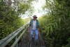 Miccosukee Tribal elder Michael Frank walks along a raised walkway on Rice Island, one of several tree islands once inhabited by his family, on the Miccosukee Indian Reservation in Florida's Everglades, Thursday, July, 11, 2024. Frank, 67, who was born on a different tree island, continues to maintain the family's chickees, stilt homes, traditionally used for sleeping, eating, and gathering. The tribe no longer live on tree islands, but remain closely connected to their land through cultural, spiritual and environmental practices. (AP Photo/Rebecca Blackwell)