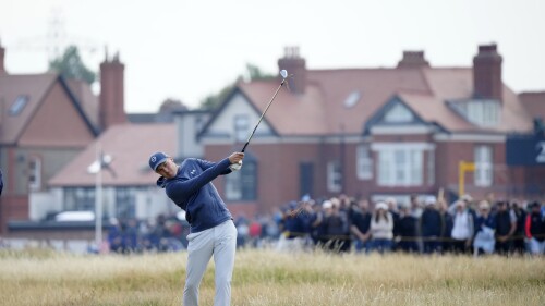 United States' Jordan Spieth plays from the rough on the 2nd hole on the first day of the British Open Golf Championships at the Royal Liverpool Golf Club in Hoylake, England, Thursday, July 20, 2023. (AP Photo/Jon Super)