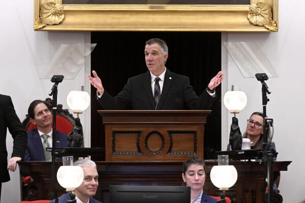 Vermont Gov. Phil Scott delivers his inaugural address, Thursday, January 5, 2023, to a joint assembly of the Vermont General Assembly in Montpelier, Vt., after being sworn in to his fourth term as governor. (Jeb Wallace-Brodeur/The Times Argus via AP)