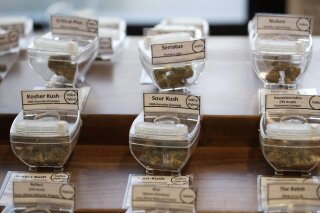 In this Wednesday, Oct. 9, 2019 photo, samples of marijuana, in tamper-proof containers that are secured with cables, are displayed at Evergreen Cannabis, a marijuana retail shop, in Vancouver, B.C. The nation has seen no sign of increases in impaired driving or underage use since Canada joined Uruguay as the only nations to legalize and regulate the sale of cannabis to adults _ those over 19 in most Canadian provinces. (AP Photo/Elaine Thompson)