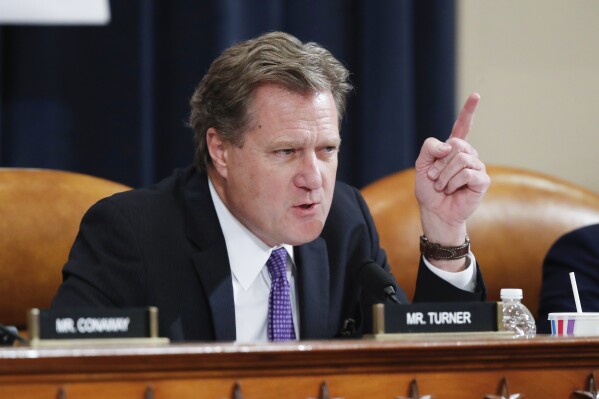 FILE - Rep. Mike Turner, R-Ohio, speaks during a House Intelligence Committee hearing on Capitol Hill in Washington, Nov. 20, 2019. Turner says he has information about a serious national security threat and urges the administration to declassify the information so the U.S. and its allies can openly discuss how to respond. Turner, a Republican from Ohio, gave no details about the threat in his statement. (AP Photo/Alex Brandon, File)