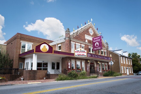 The exterior of the Barter Theatre appears in Abingdon, Va. on Aug. 27, 2015. Barter — a scrappy venue with roots in the Depression when patrons bartered goods for seats — may offer a roadmap as regional theaters struggle to reconnect with lagging post-pandemic audiences. (Barter Theatre via AP)