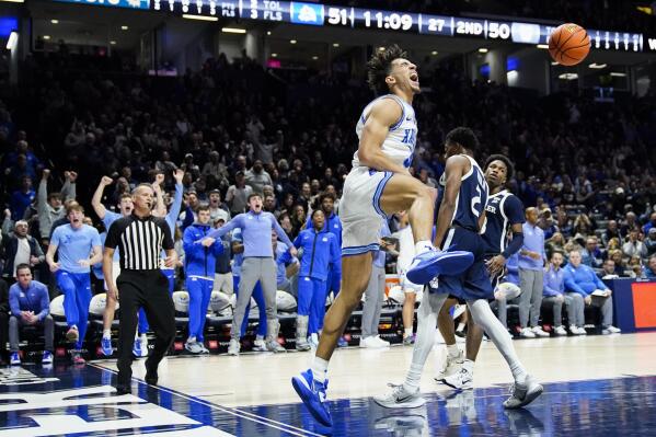 Xavier guard Colby Jones (3) reacts after dunking during the second half of an NCAA college basketball game against Butler, Saturday, March 4, 2023, in Cincinnati. (AP Photo/Joshua A. Bickel)