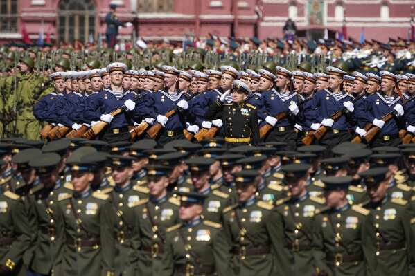 Russian servicemen march along Red Square during the Victory Day military parade in Moscow, Russia, Friday, May 9, 2025, in celebrations of the 80th anniversary of the Soviet Union's victory over Nazi Germany during the World War II. (AP Photo/Alexander Zemlianichenko)