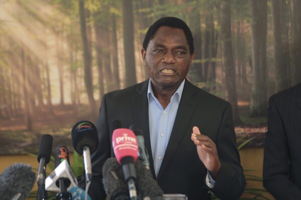FILE - Zambian President Hakainde Hichilema addresses a press conference at his residence in Lusaka, Zambia, Monday, Aug. 16, 2021. Zambian President Hakainde Hichilema Thursday, Feb. 29, 2024, declared the country鈥檚 debilitating drought a national disaster and emergency, saying it has devastated food production and electricity generation as the nation battles to recover from a recent deadly cholera outbreak. (APPhoto/Tsvangirayi Mukwazhi, File)