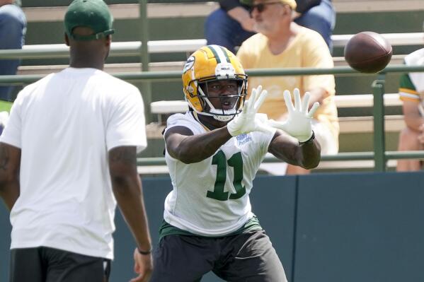 Green Bay Packers' Sammy Watkins runs a drill at the NFL football team's practice field Tuesday, June 7, 2022, in Green Bay, Wis. (AP Photo/Morry Gash)