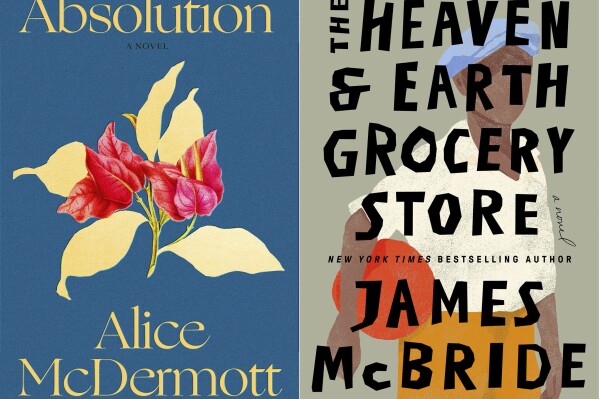 This combination of photos shows cover art for "Absolution" by Alice McDermott, left, and "The Heaven & Earth Grocery Store" by James McBride. (Farrar, Straus and Giroux via AP, left, and Riverhead via AP)