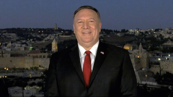 In this image from video, Secretary of State Mike Pompeo speaks from Jerusalem during the second night of the Republican National Convention on Tuesday, Aug. 25, 2020. (Courtesy of the Committee on Arrangements for the 2020 Republican National Committee via AP)