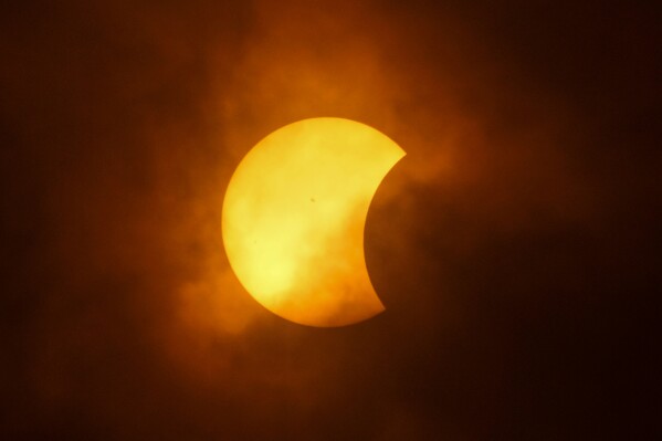 The moon partially covers the sun during a total solar eclipse, as seen from Eagle Pass, Texas, Monday, April 8, 2024. (AP Photo/Eric Gay)