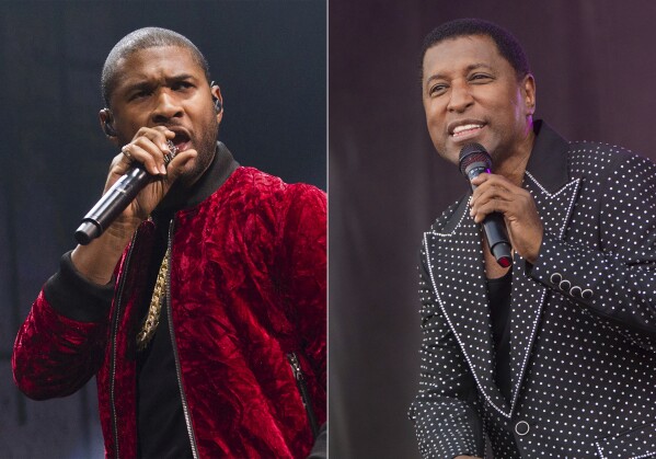 This combination of photos shows Usher performing at Power 105.1's Powerhouse 2016 at Barclays Center in New York on Oct. 27, 2016, left, and Kenneth "Babyface" Edmonds performing during the Bourbon and Beyond Music Festival in Louisville, Ky., on Sept. 17, 2023. Both Usher and Edmonds will be honored at The Apollo’s Spring Benefit on Tuesday. (AP Photo)