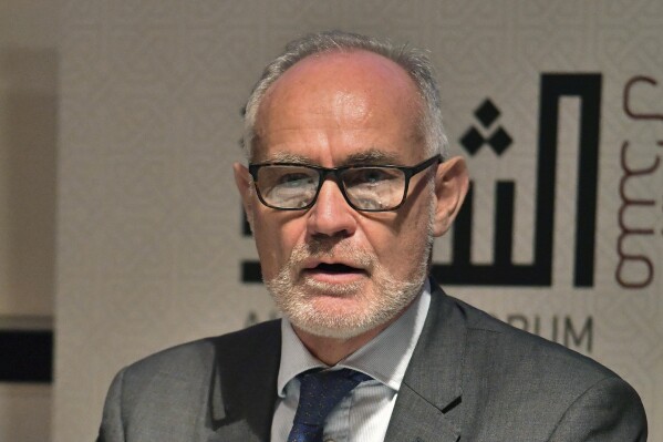 FILE - Britain's Conservative MP Crispin Blunt, speaks at an event, Oct. 29, 2018. A prominent lawmaker within Britain’s governing Conservative Party has revealed that he has been arrested in connection with a rape allegation. Crispin Blunt, 63, said in a statement on X, which was formerly known as Twitter, that he was arrested on Wednesday, Oct. 25, 2023 and that he has twice been interviewed by police in connection with what he termed “this incident.” (John Stillwell/PA via AP, File)