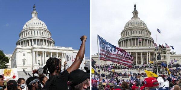 In this combination of photos, demonstrators, left, protest June 4, 2020, in front of the U.S. Capitol in Washington, over the death of George Floyd and on Jan. 6, 2021, supporters of President Donald Trump rally at same location. (AP Photos)