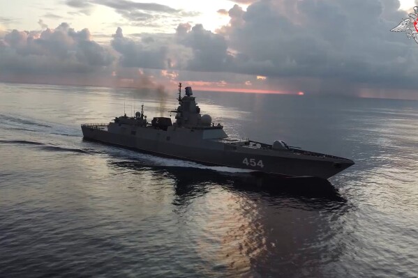 In this photo taken from video released by Russian Defense Ministry Press Service on Tuesday, June 11, 2024, the Russian navy's Admiral Gorshkov frigate is seen en route to Cuba. The Russian Defense Ministry said that the Admiral Gorshkov and the Kazan nuclear submarine held drills in the Atlantic simulating a missile strike on a group of enemy ships as they headed on a visit to Cuba. (Russian Defense Ministry Press Service photo via AP)