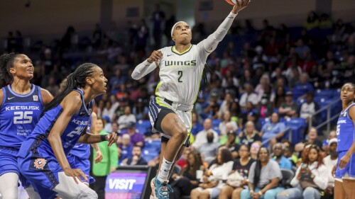 Dallas Wings guard Odyssey Sims (2) shoots against the Connecticut Sun during a WNBA basketball game Tuesday, July 25, 2023, in Arlington, Texas. (Liesbeth Powers/The Dallas Morning News via AP)