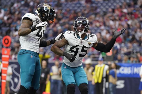 Tyson Campbell of the Jacksonville Jaguars celebrates with Dawuane