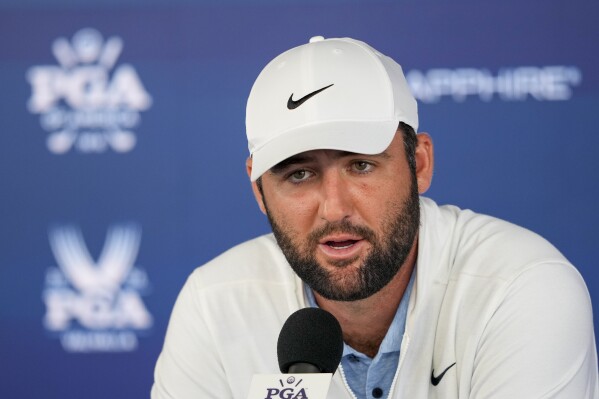 Scottie Scheffler speaks during a news conference at after the second round of the PGA Championship golf tournament at the Valhalla Golf Club, Friday, May 17, 2024, in Louisville, Ky. (AP Photo/Matt York)