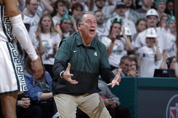 Michigan State coach Tom Izzo reacts during the first half of an NCAA college basketball game against Maryland, Tuesday, Feb. 7, 2023, in East Lansing, Mich. (AP Photo/Al Goldis)