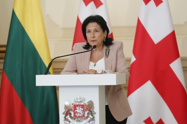 CAPTION CORRECTS THE SPELLING OF SURNAME TO In this photo released by the Georgian Presidential Press Service, Georgian President Salome Zourabichvili, speaks at a joint news conference with foreign ministers of Baltic and Nordic states during their trip to Georgia in Tbilisi, Georgia, Wednesday, May 15, 2024. (Georgian Presidential Press Service via AP)