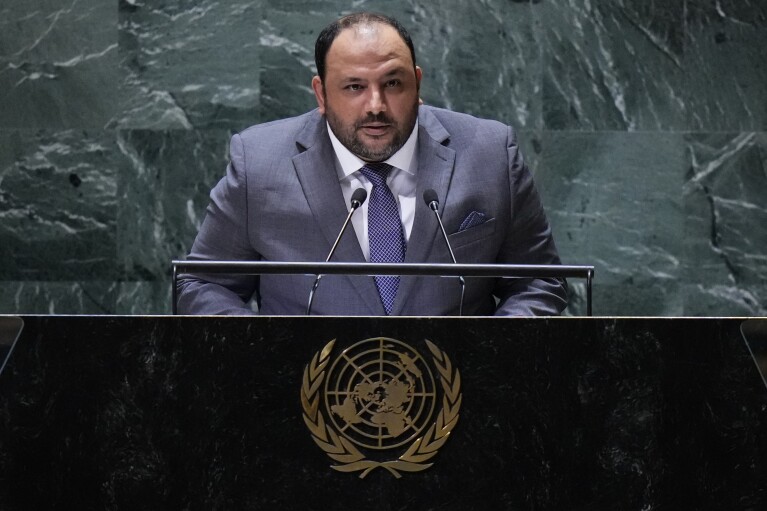 Libya's Youth Minister and interim Foreign Minister Fathallah al-Zani addresses the 78th session of the United Nations General Assembly, Wednesday, Sept. 20, 2023, at U.N. headquarters. (AP Photo/Frank Franklin II)