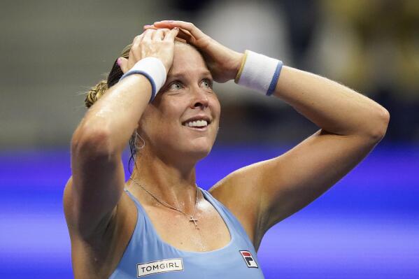 Shelby Rogers, of the United States, reacts after defeating Ashleigh Barty, of Australia, during the third round of the US Open tennis championships, Saturday, Sept. 4, 2021, in New York. (AP Photo/Frank Franklin II)